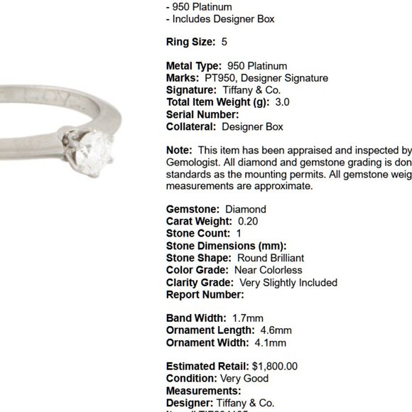 $2000 Authentic Tiffany & Co. Diamond Solitaire Platinum Ring VSI size 4.75 5 US - Picture 8 of 8